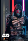 Half-body shot of Darth Revan™ crossing his arms in front of his body, holding a red and purple lightsaber. Collector Edition (Prototype Shown) View 1