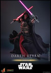 Full body shot of Darth Revan™ in a wide stance, holding a purple lightsaber extended in front of him with his left hand, and a red lightsaber held behind his body in the other hand. Collector Edition (Prototype Shown) View 3
