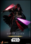 Action shot of Darth Revan™ in a wide stance, with red and purple lightsabers in motion, holding the purple saber in his left hand and the red saber in his right. Collector Edition (Prototype Shown) View 4