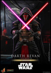 Knee-high shot of Darth Revan™ crossing a red and purple lightsaber in front of his chest, set against a dark industrial background. Collector Edition (Prototype Shown) View 5