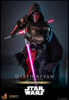 Full body shot of Darth Revan™ bending forward, holding upsidedown red and purple lightsabers, with the purple saber in front and the red saber pulled back. Collector Edition (Prototype Shown) View 8