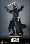 Full-body shot of Lord Starkiller™, lunging backward with a lightsaber held above his head in his right hand and his left palm extended forward. Collector Edition (Prototype Shown) View 8
