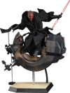 Full shot of Darth Maul (Sith Speeder) riding the Sith Speeder, holding a dual lightsaber in his left hand, wearing a black hooded robe, with a menacing expression. Collector Edition (Prototype Shown) View 22