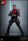 Full-body shot of Obi-Wan Kenobi™ in a wide stance, holding a lightsaber with both hands, wearing a jetpack, and displaying a serious expression. (Prototype Shown) View 9