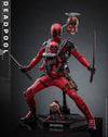 Full body view of Deadpool Sixth Scale Action Figure by Hot Toys, arms and legs spread, showcasing base, Babypool, Headpool, Peggy, and swords. Collector Edition (Prototype Shown) View 6