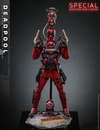Full view of Deadpool Sixth Scale Action Figure by Hot Toys on stand, holding gold guns with BabyPool, Headpool, Peggy. (Prototype Shown) View 3