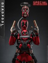 Half-body view of Deadpool Sixth Scale Action Figure by Hot Toys, holding gold guns in the air with BabyPool on his chest and Headpool floating above. (Prototype Shown) View 5