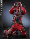 Deadpool Sixth Scale Action Figure by Hot Toys, featuring Deadpool kneeling with hands on his head, BabyPool on his chest, and Peggy in front. (Prototype Shown) View 6