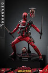 Full body view of Deadpool Sixth Scale Action Figure by Hot Toys, with arms and legs spread wide, holding swords, BabyPool on his chest, and accompanied by Headpool and Peggy. (Prototype Shown) View 7
