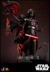 Right angle view of Darth Vader™ (Battle Damaged) on a display base, with his battle-damaged helmet, silhouette cape, lightsaber in hand, and mechno fist. (Prototype Shown) View 7