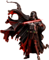 Full-body shot of Darth Vader™ (Battle Damaged), showcasing his helmet, silhouette cape, holding a lightsaber in his right hand, and extending his mechno left arm. (Prototype Shown) View 25