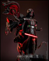 Right angle view of Darth Vader™ (Battle Damaged) on a display base, with his battle-damaged helmet, silhouette cape, lightsaber in hand, and mechno fist. (Prototype Shown) View 4