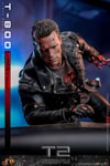 Close-up shot of T-800 (Battle Damaged Version 2.0) leaning forward on a platform with his right arm, showcasing the endoskeleton and battle-damaged head sculpt. (Prototype Shown) View 14