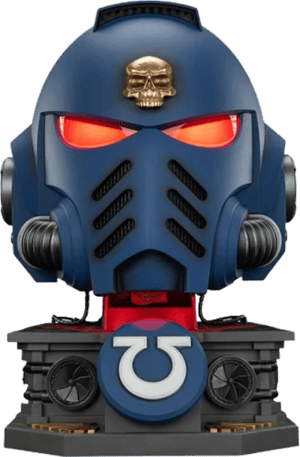Ultramarines Captain MkX Helmet and Display Stand Warhammer 40K Prop Replica Image