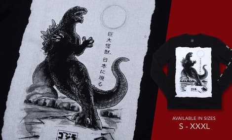 Gallery Feature Image of Godzilla Black Long Sleeve T Shirt - Click to open image gallery