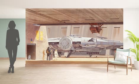 Gallery Feature Image of Ralph McQuarrie's Docking Bay Millennium Falcon Wallpaper Mural Mural - Click to open image gallery