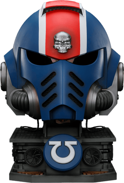 Ultramarines Lieutenant Titus MKX Helmet & Display Stand Warhammer 40K Prop Replica Image
