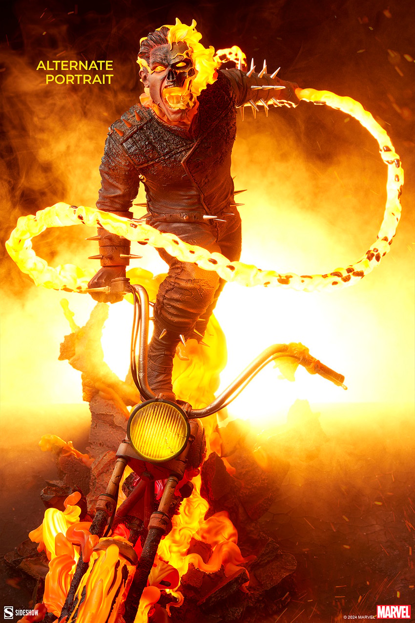 Front view of Ghost Rider on his fiery Hell Cycle, swinging his chain whip, with an alternate mid-transformation portrait showcasing his mortal flesh searing away to reveal the rider within. Collector Edition - Prototype Shown View 4