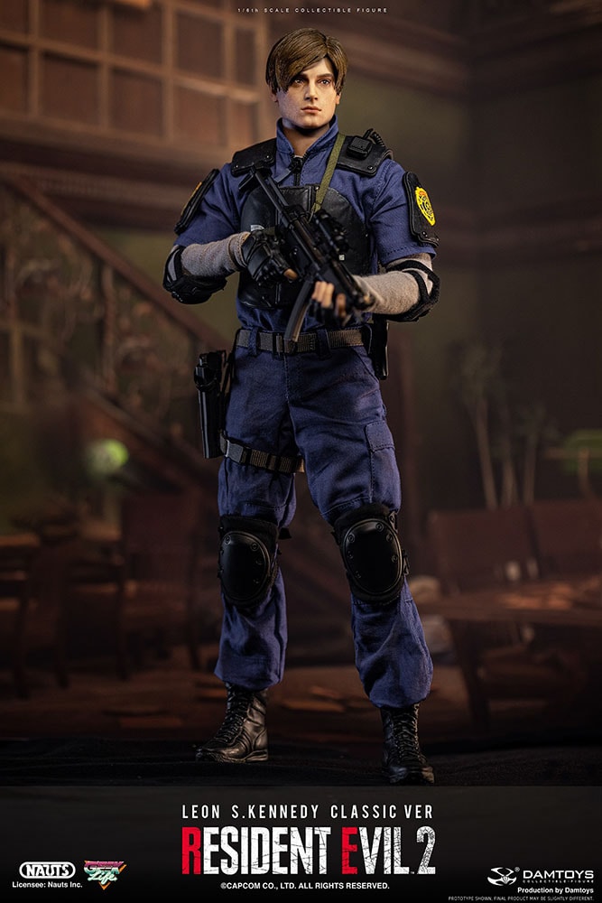 Full-body shot of Leon S. Kennedy (Classic Version) in full police attire, standing strong while holding his machine gun with a serious expression.- Prototype Shown View 1