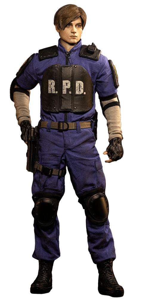 Full-body shot of Leon S. Kennedy (Classic Version) in his iconic police attire, gazing into the distance with his right hand resting on his pistol.- Prototype Shown View 2