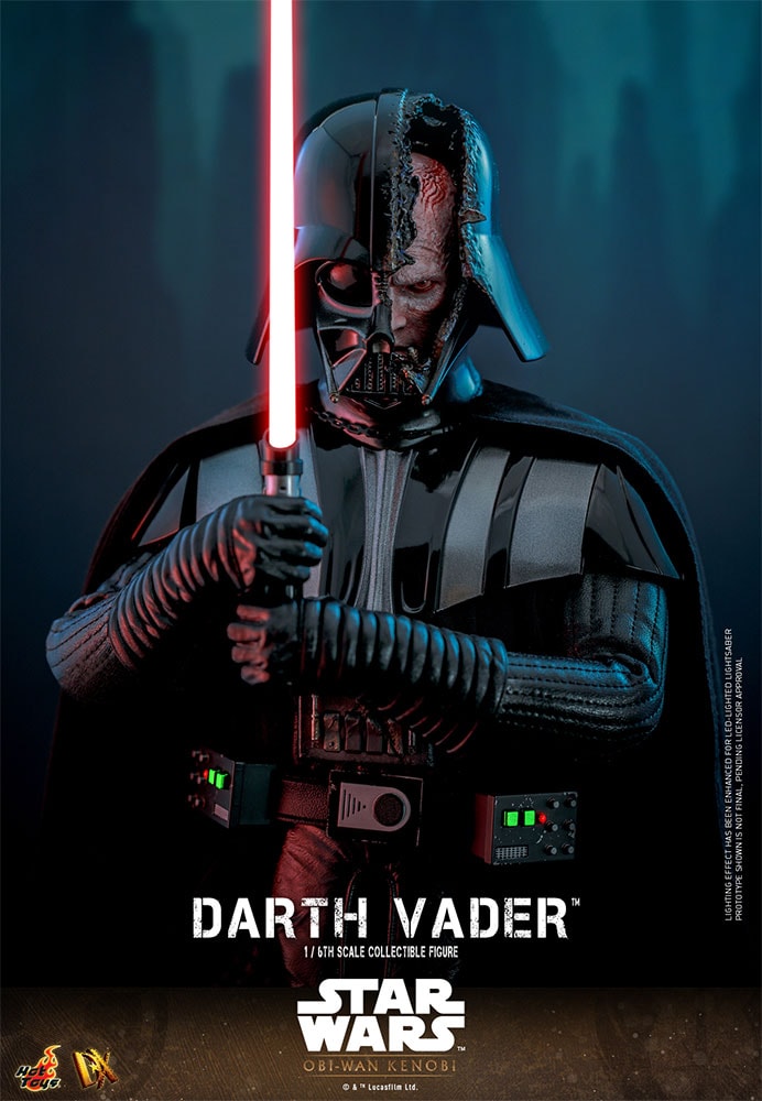 Half-body portrait of Darth Vader Sixth Scale Action Figure by Hot Toys (Special Edition) with battle-damaged helmet, both hands in front of his chest holding a lightsaber. Exclusive Edition - Prototype Shown View 6