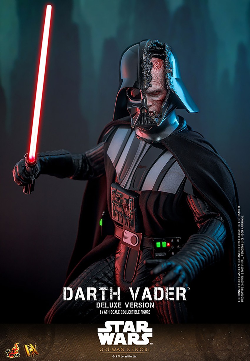 Knee-high shot of Darth Vader Sixth Scale Action Figure by Hot Toys (Deluxe Version) with right knee up, lightsaber in right hand, left hand open, and battle-damaged helmet.- Prototype Shown View 6