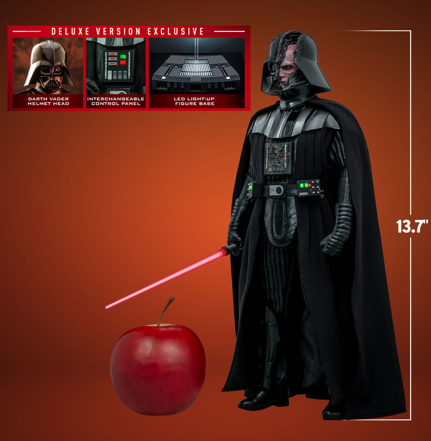 Full-body view of Darth Vader Sixth Scale Action Figure by Hot Toys (Deluxe Version) showing scale compared to an apple, with three small portraits of deluxe exclusive contents.- Prototype Shown View 2
