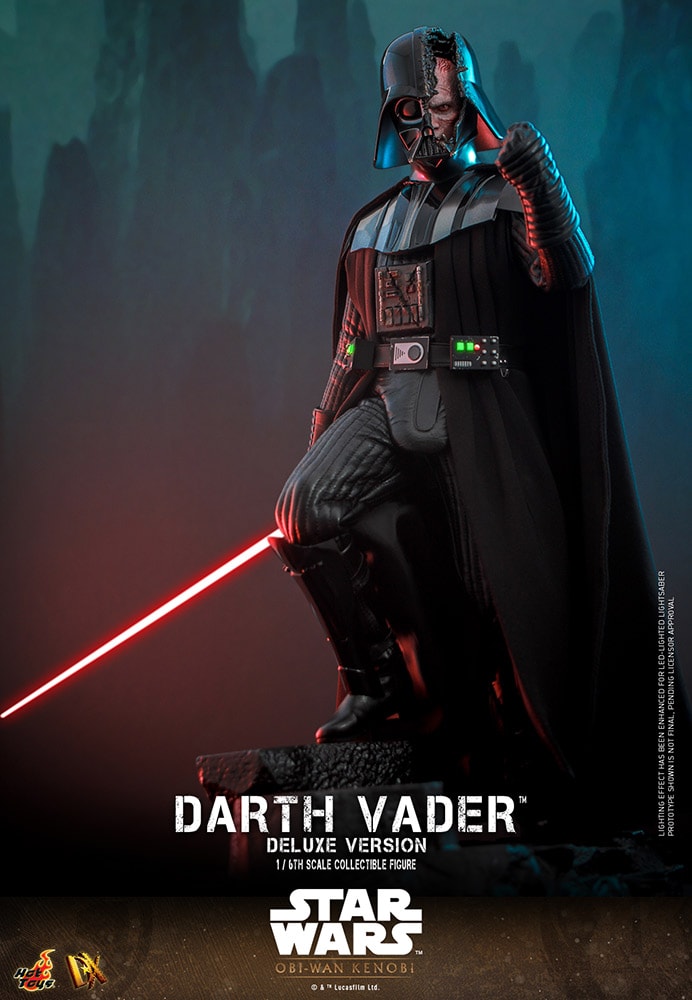 Full-body shot of Darth Vader (Deluxe Version) (Special Edition) on base, holding lightsaber in right hand, left fist clenched, with battle-damaged helmet. Exclusive Edition - Prototype Shown View 5