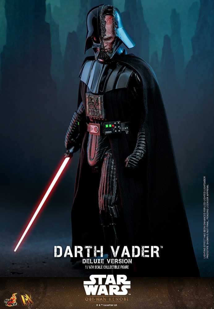 Full-body shot of Darth Vader (Deluxe Version) (Special Edition) with battle-damaged helmet, half-face portrait, and holding a lightsaber in his right hand. Exclusive Edition - Prototype Shown View 6