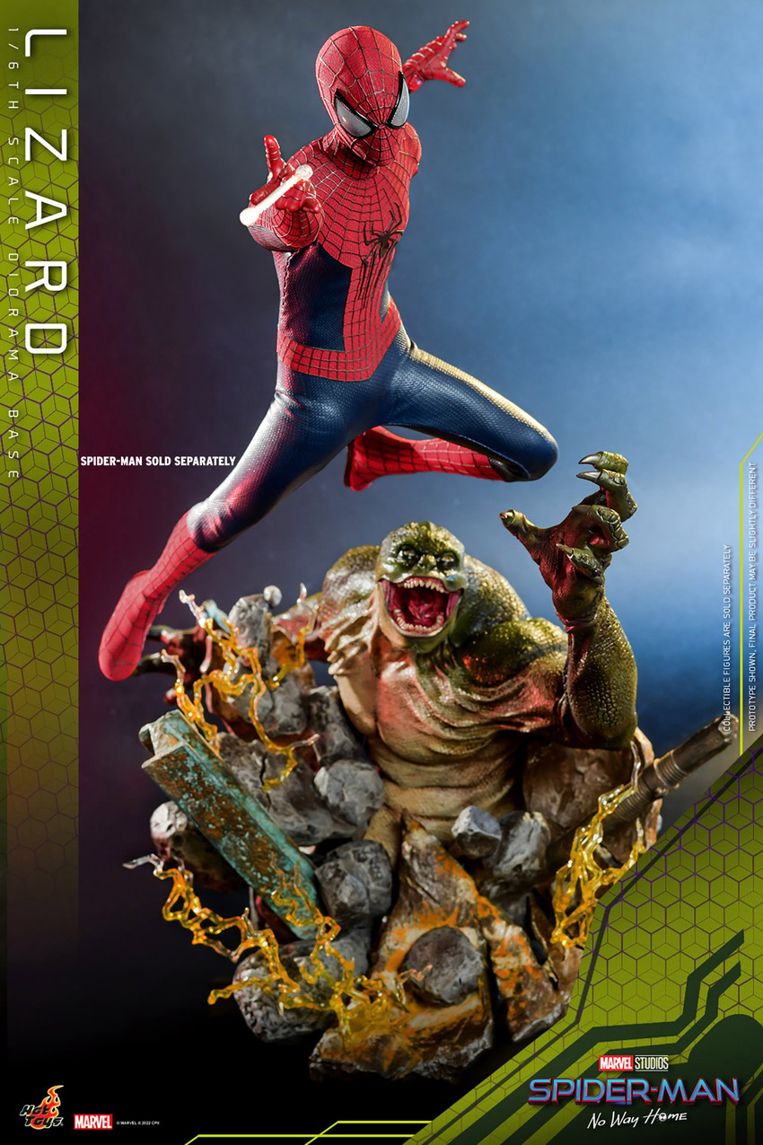 Action shot of The Amazing Spider-Man soaring above his foe, The Lizard, who reaches up with a menacing face as Spider-Man swings through the air, shooting webs.- Prototype Shown View 6