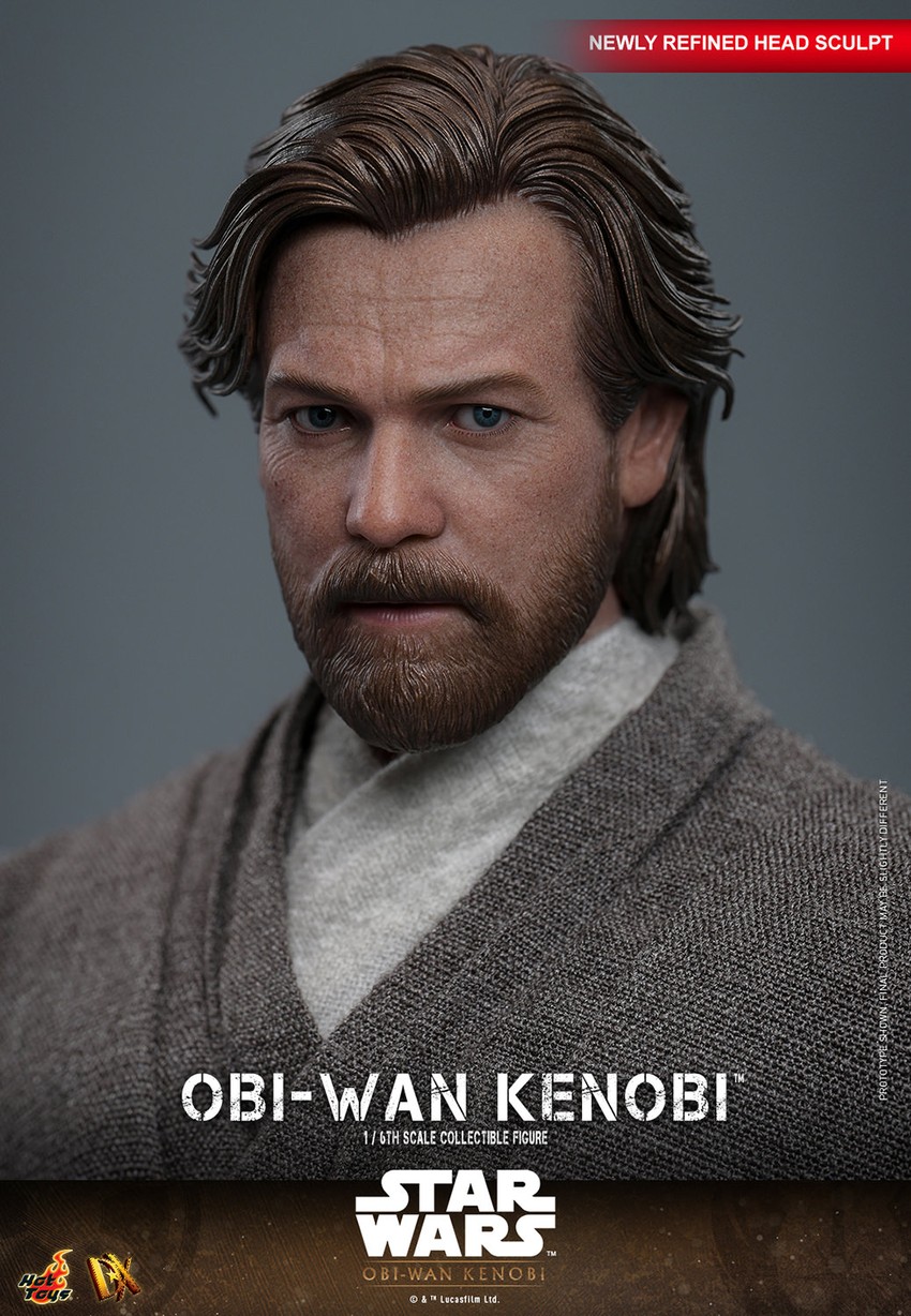 Close-up shot of Obi-Wan Kenobi highlighting a highly detailed head sculpt with rolling eyeball function, realistic wrinkles, beard, and skin texture.- Prototype Shown View 2