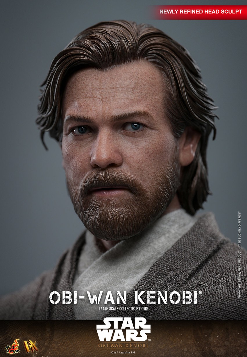 Close-up shot of Obi-Wan Kenobi highlighting a highly detailed head sculpt with rolling eyeball function, realistic wrinkles, beard, and skin texture.- Prototype Shown View 1