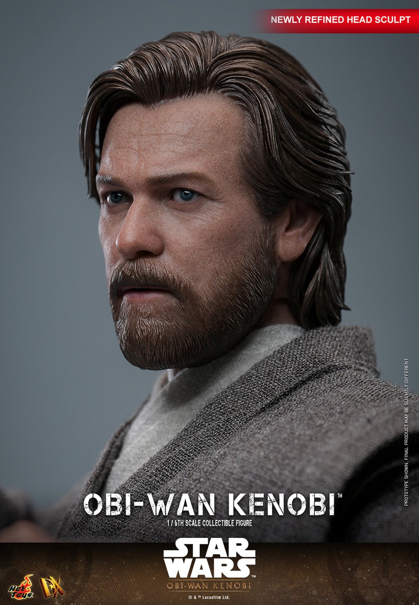 Close-up shot of Obi-Wan Kenobi highlighting a highly detailed head sculpt with rolling eyeball function, realistic wrinkles, beard, and skin texture.- Prototype Shown View 3