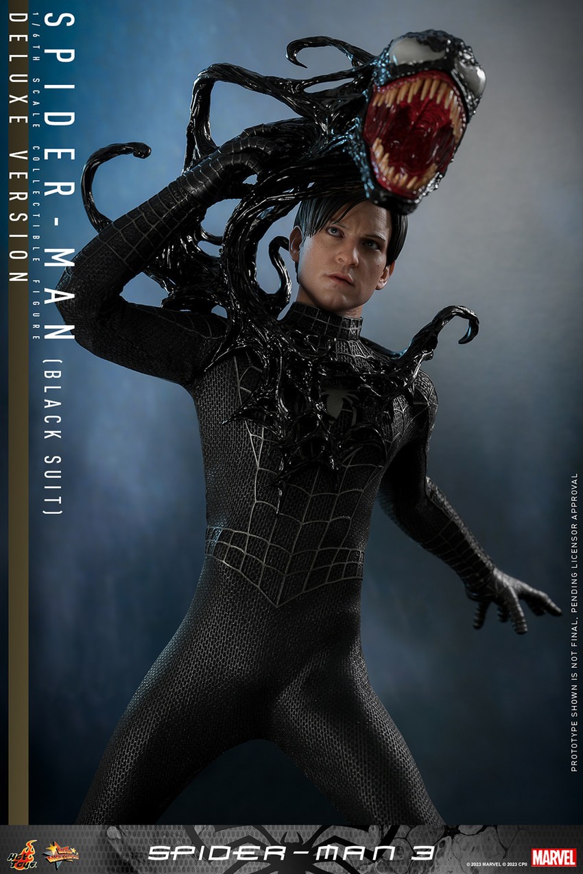 Lower right angle shot of Spider-Man (Black Suit) unmasked, featuring a menacing alien symbiote head on his shoulder, set against a dark, cloudy background.- Prototype Shown View 6