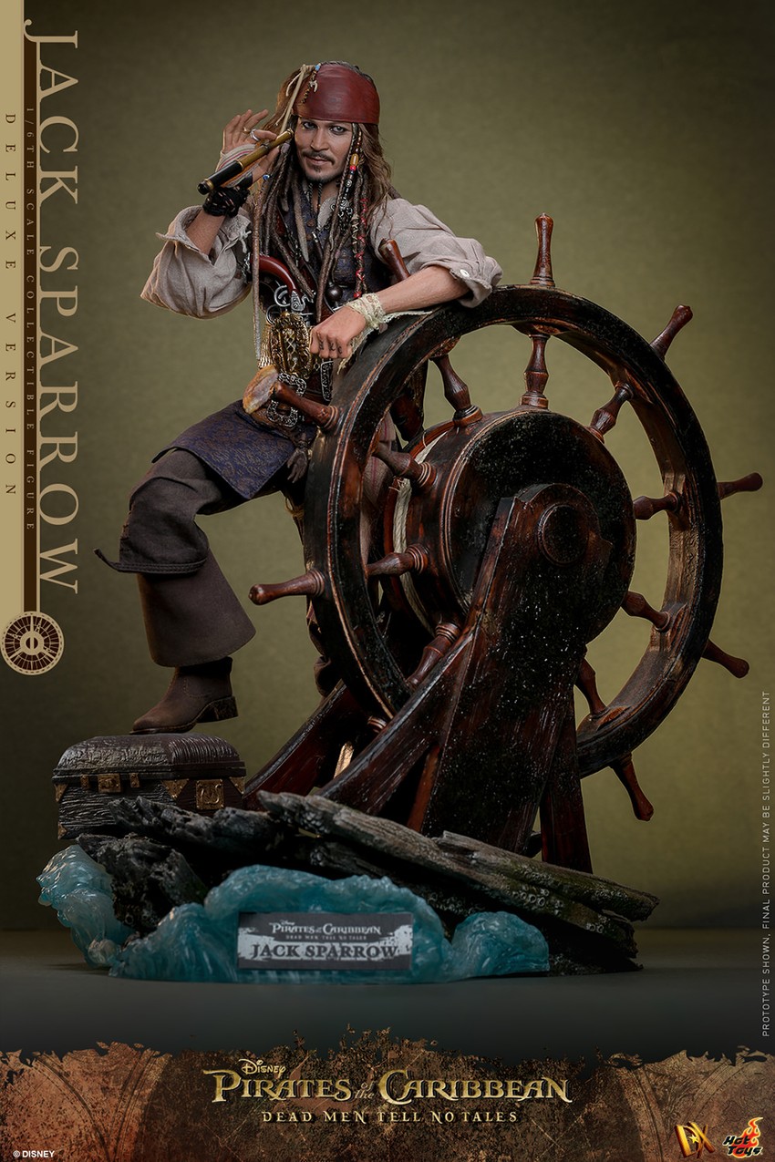 Full-body shot of Jack Sparrow (Deluxe Version) posed on a segment of the Black Pearl with a treasure chest, holding a tube scope in his right hand and resting his left arm on the ship's steering wheel.- Prototype Shown View 6