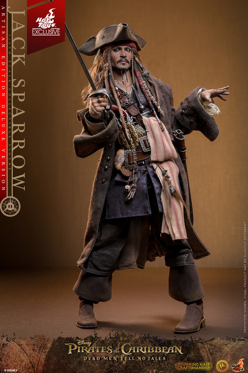Full body shot of Jack Sparrow, legs spread, slightly leaning back, holding a sword in his right hand and gesturing with his left, against a light brown background.- Prototype Shown View 4