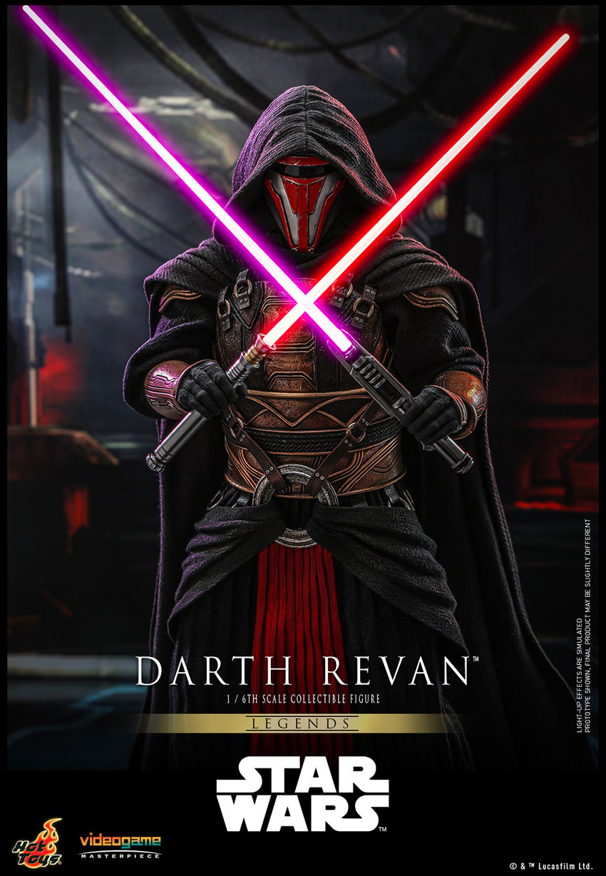 Knee-high shot of Darth Revan™ (Special Edition) crossing a red and purple lightsaber in front of his chest, set against a dark industrial background. Exclusive Edition - Prototype Shown View 1