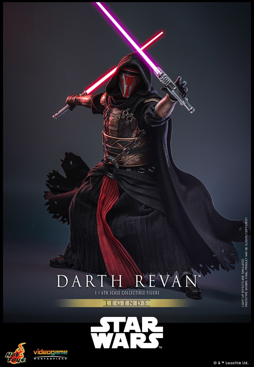Full body shot of Darth Revan™ (Special Edition) in a wide stance, holding a purple lightsaber extended in front of him with his left hand, and a red lightsaber held behind his body in the other hand. Exclusive Edition - Prototype Shown View 5