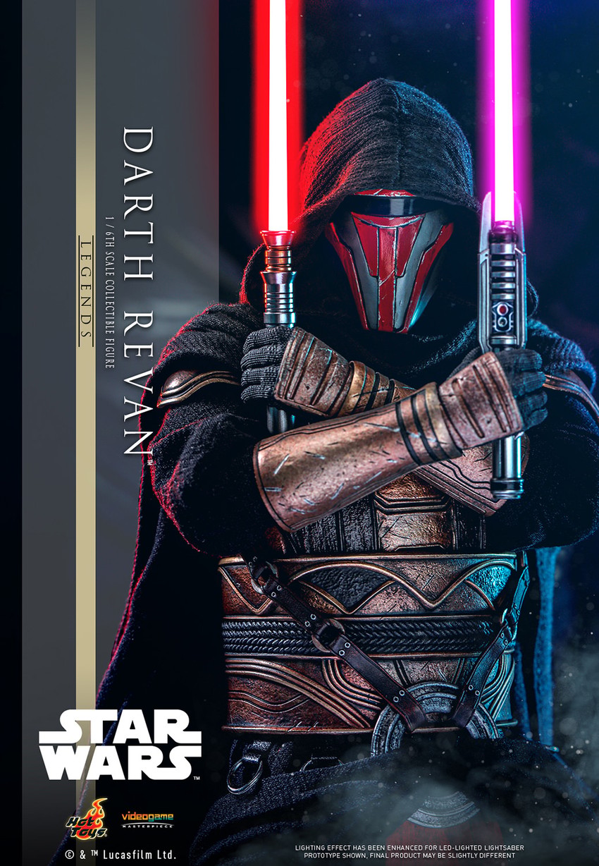 Half-body shot of Darth Revan™ (Special Edition) crossing his arms in front of his body, holding a red and purple lightsaber. Exclusive Edition - Prototype Shown View 6