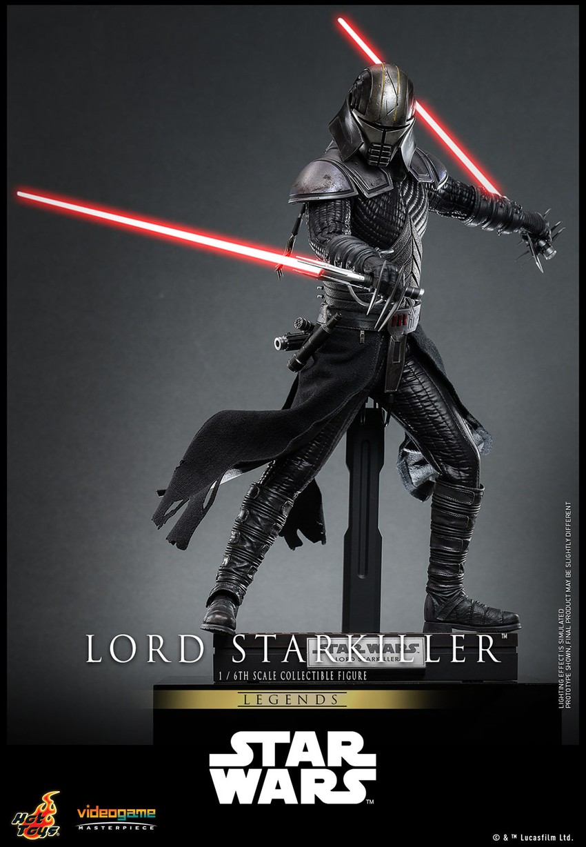 Full-body shot of Lord Starkiller™, standing on a display base, wielding two backward-held lightsabers at his sides, showcasing his menacing masked face. Exclusive Edition - Prototype Shown View 6