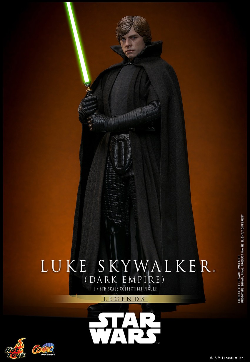 Left-angle shot of Luke Skywalker™ (Dark Empire) standing, holding a lightsaber with both hands to the right of his body, showcasing a serious expression.- Prototype Shown View 6