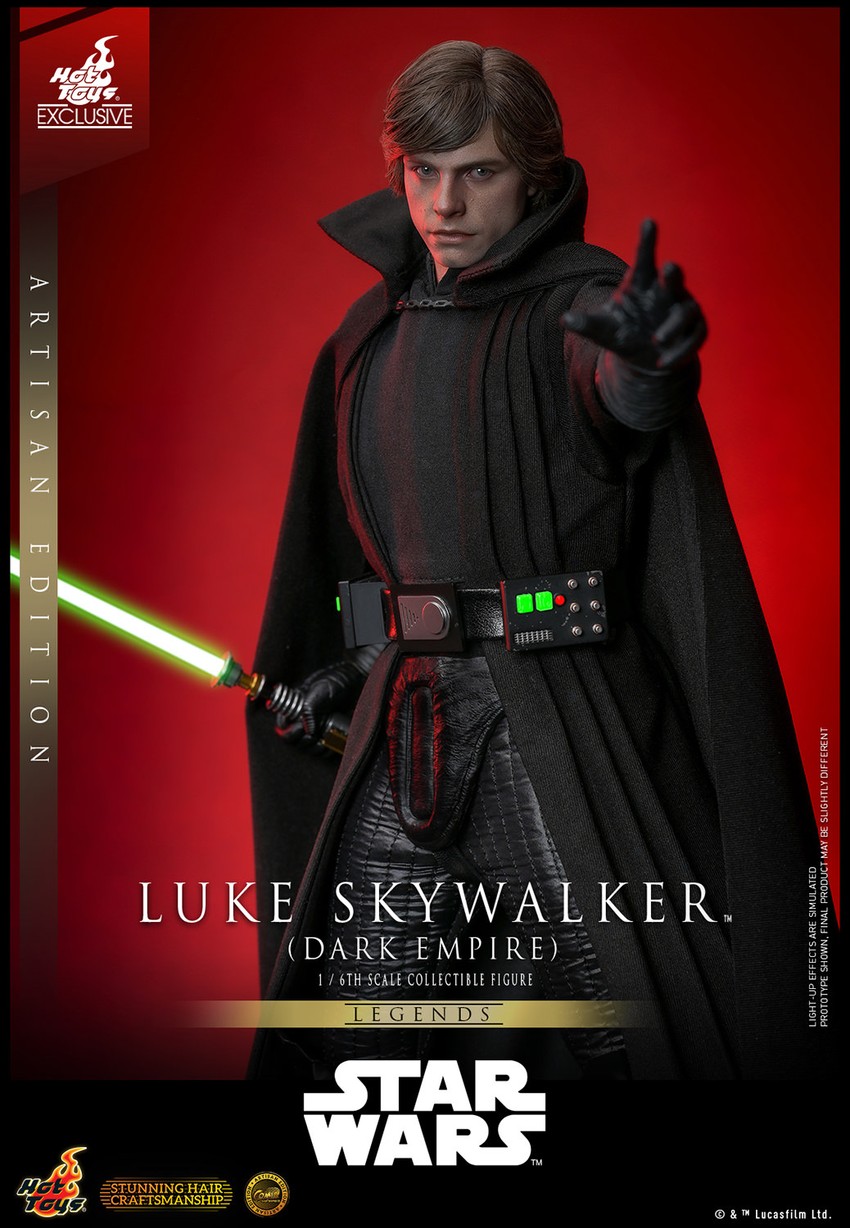 Half-body shot of Luke Skywalker™ (Dark Empire) using the Force with his left arm extended, displaying a menacing expression, lightsaber in his right hand.- Prototype Shown View 1