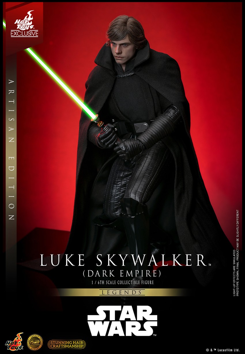 Full-body shot of Luke Skywalker™ (Dark Empire) slightly crouched, holding a lightsaber in front with both hands, showcasing a serious, focused expression.- Prototype Shown View 4