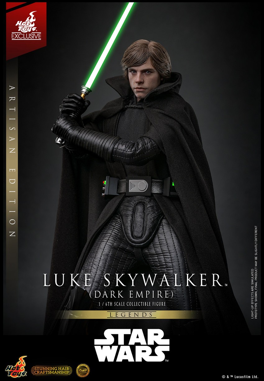 Full-body shot of Luke Skywalker™ (Dark Empire) with a serious expression, holding his green lightsaber on the right side of his face with both hands, slightly crouched.- Prototype Shown View 6