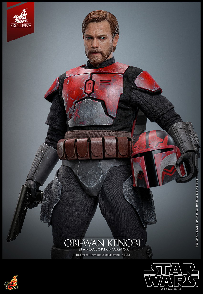 Half-body shot of Obi-Wan Kenobi™ in a wide stance, holding a blaster pistol in his left hand and a newly painted helmet with distressed effects in his right hand.- Prototype Shown View 6