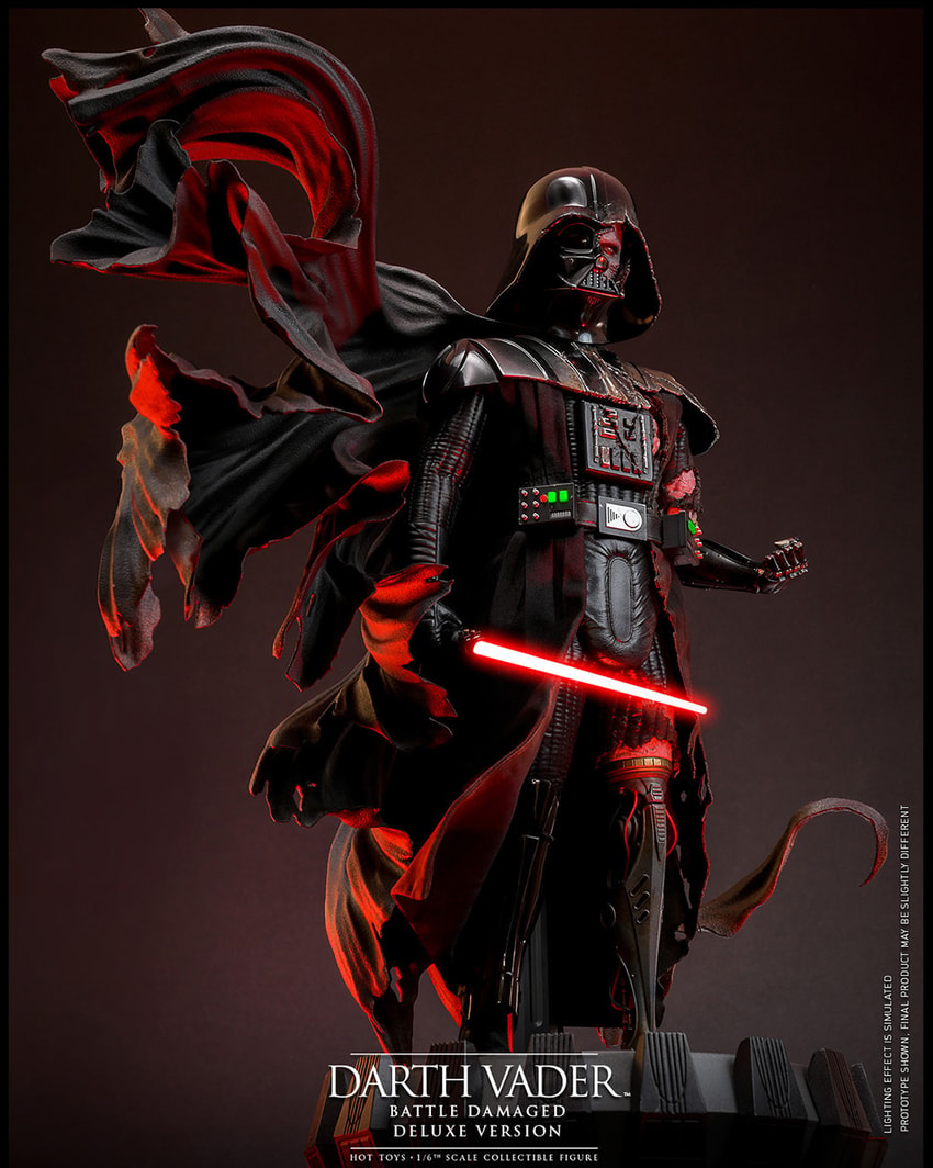 Right angle view of Darth Vader™ (Battle Damaged) on a display base, with his battle-damaged helmet, silhouette cape, lightsaber in hand, and mechno fist.- Prototype Shown View 4