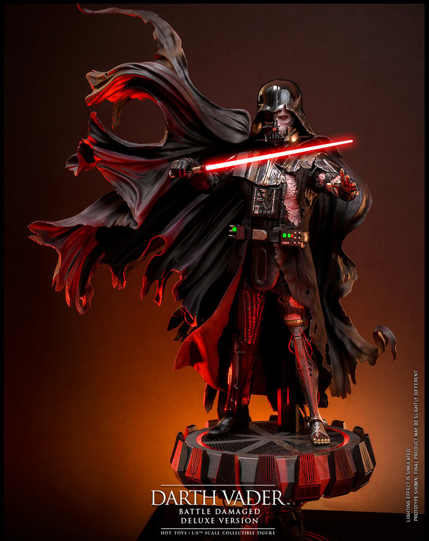 Full-body shot of Darth Vader™ (Battle Damaged) on a display base, featuring his battle-damaged helmet, silhouette cape, and holding a lightsaber in his right hand.- Prototype Shown View 5