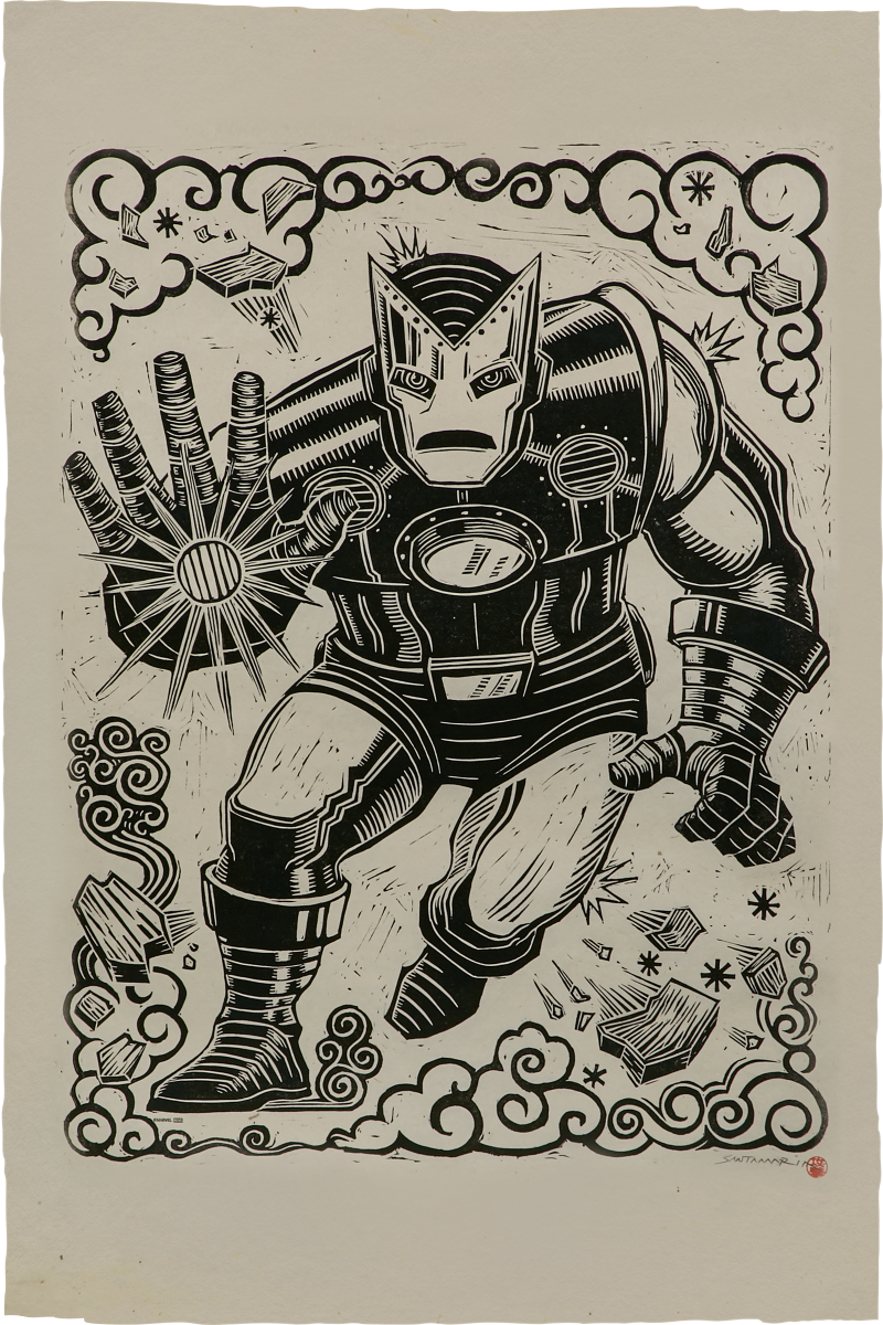 Iron Man Linocut on Lokta Paper Art Print by Peter Santa-Maria