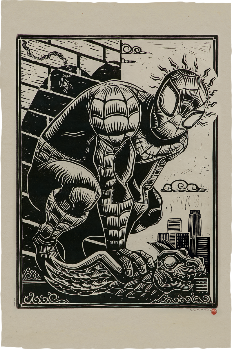 Spider-Man Linocut on Lokta Paper Art Print by Peter Santa-Maria