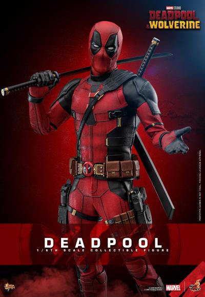 Deadpool em pose descontraída com os acessórios